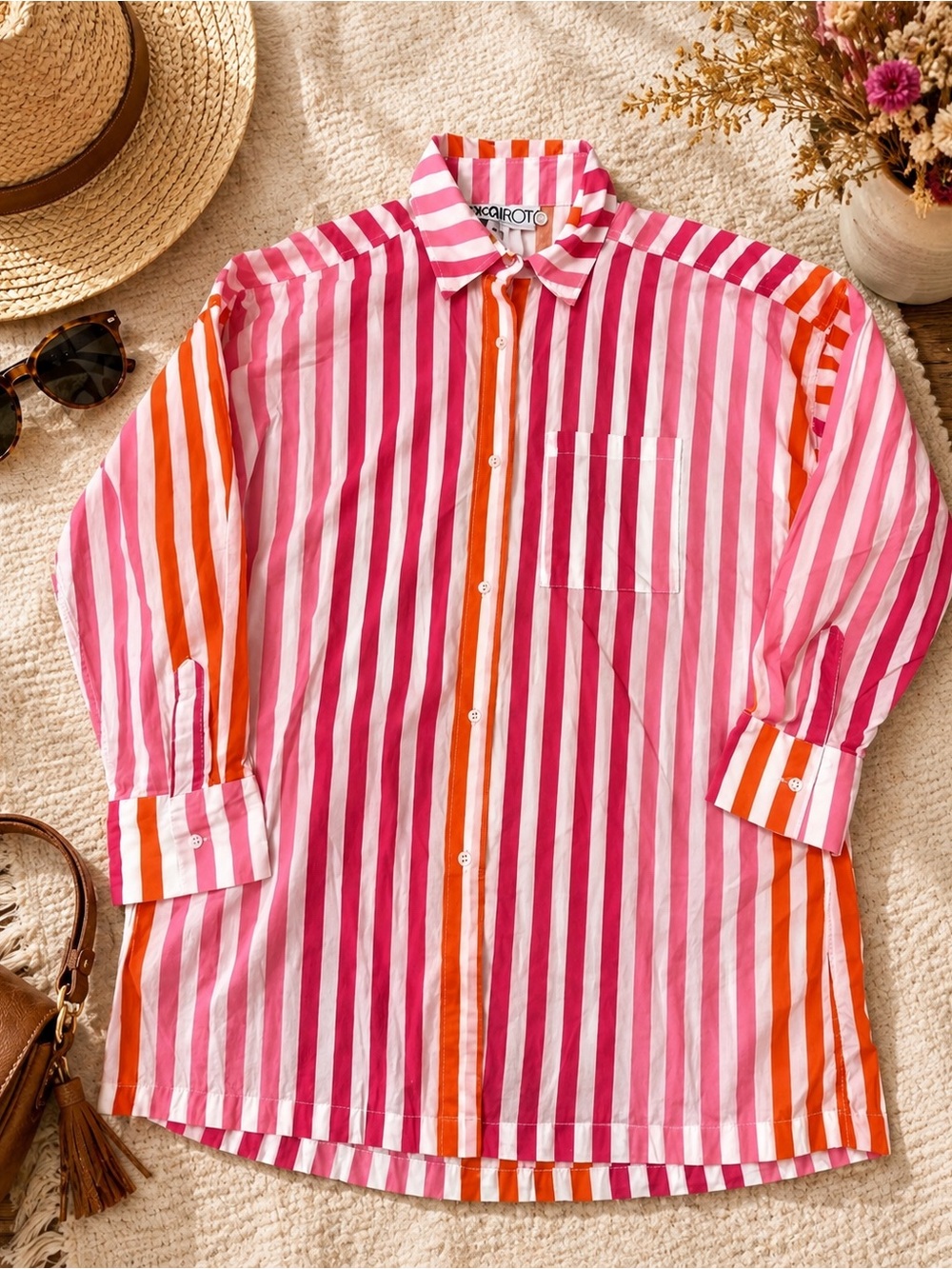 Beach Riot Pink Orange Striped Oversized Swim Cover Up Button Down L/XL